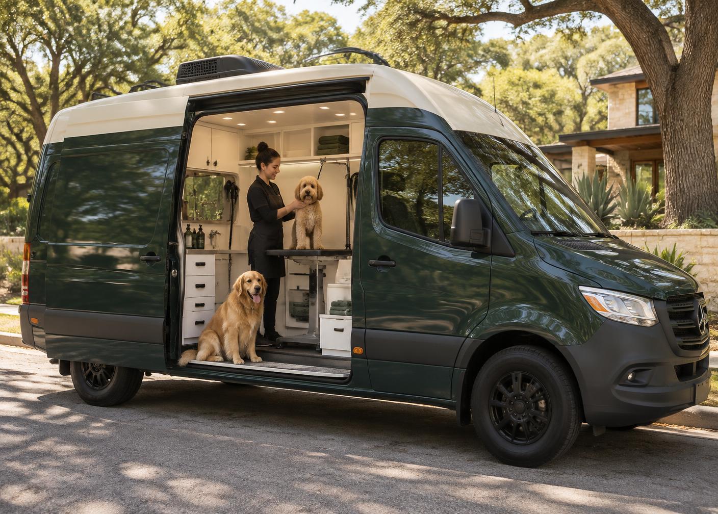 The PawRoute grooming van parked on an Austin street